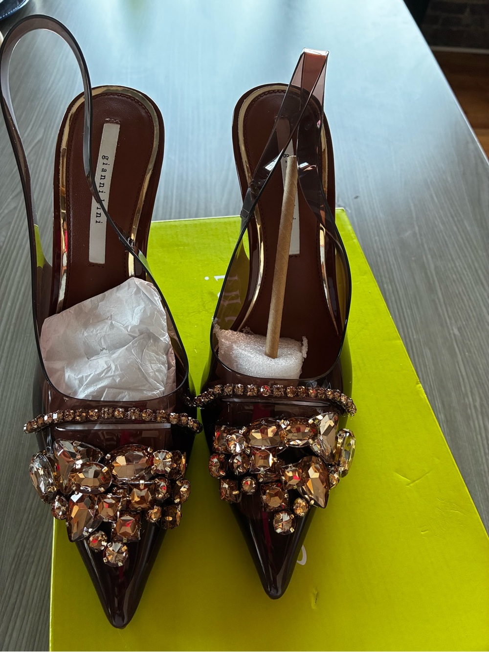 Gianni Bini Mardona Brown Patent Slingback Pumps with Jewel Accents